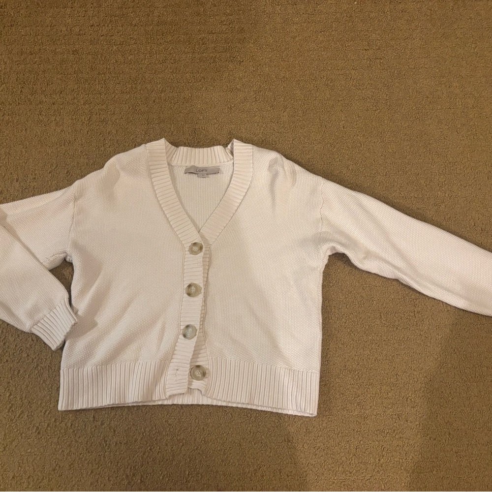 LOFT Cream Button-Front V-Neck Cardigan